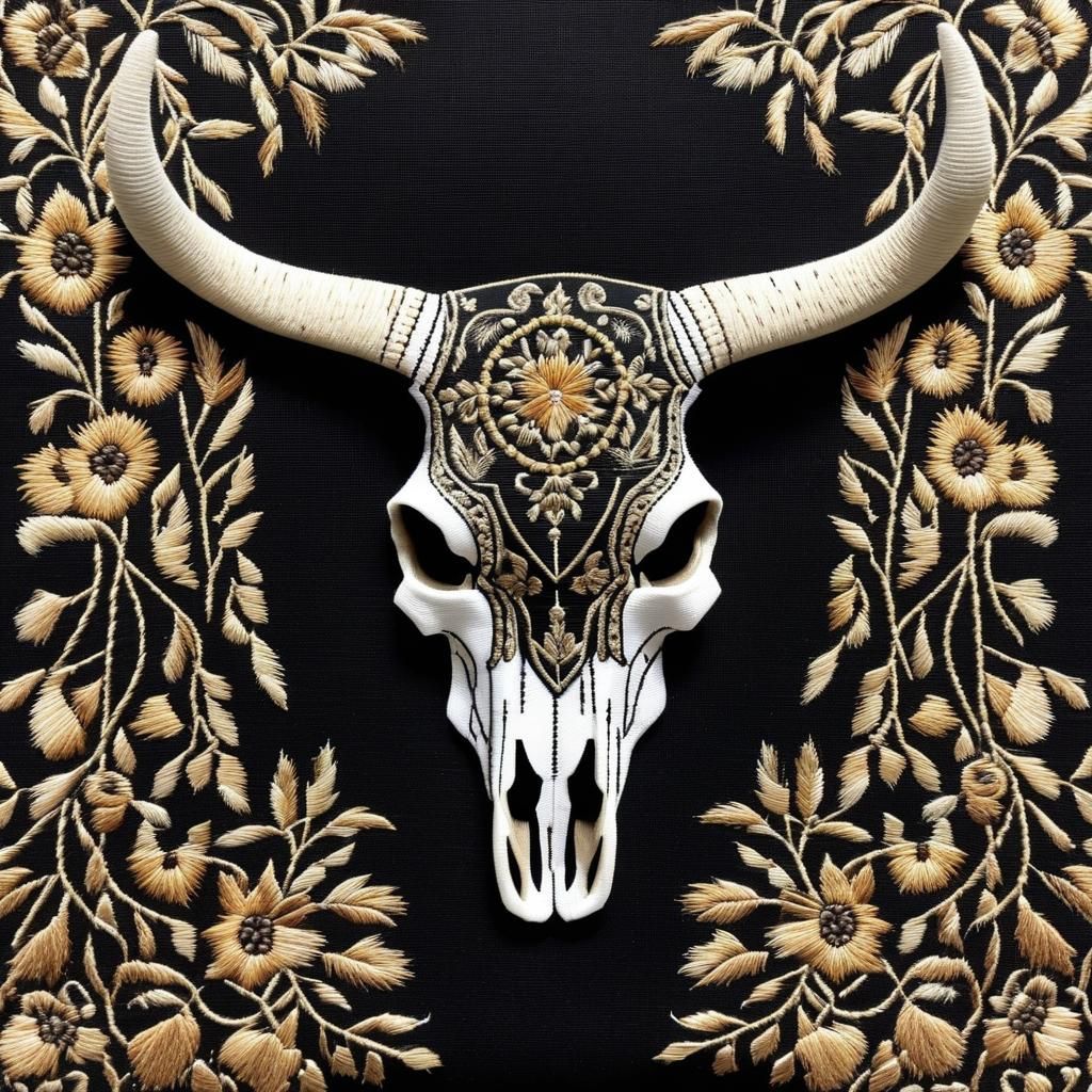 Embroidered Steer Skull on Black Fabric