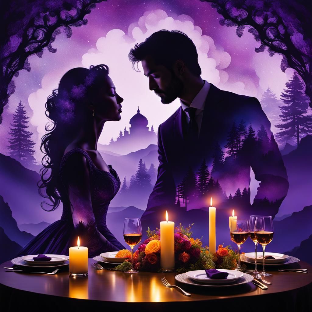 Candelit Dinner Double Exposure in Violet Hues