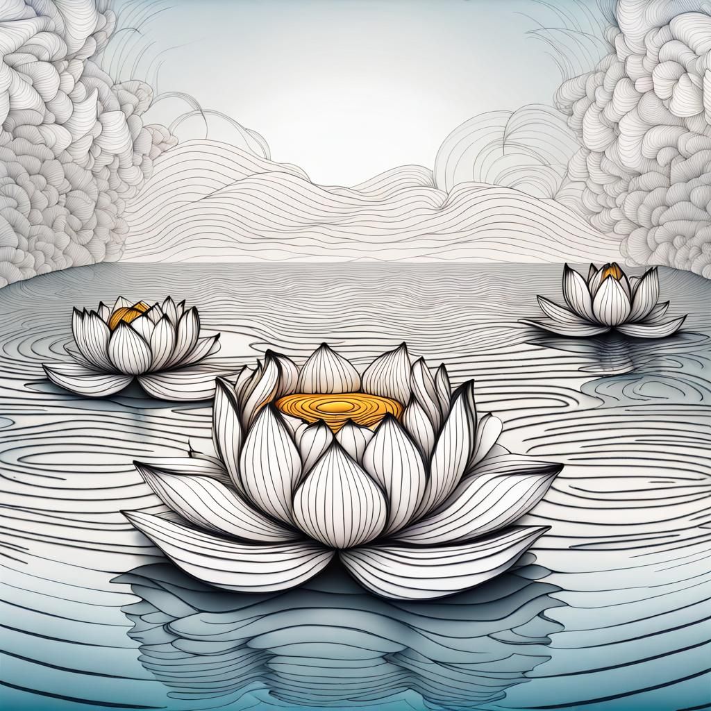 Lotus Flowers on Lake: Abstract Line Art