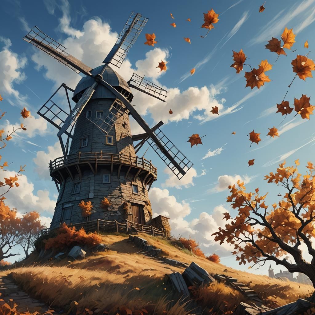 Windy Autumn Windmill in Photorealistic Style