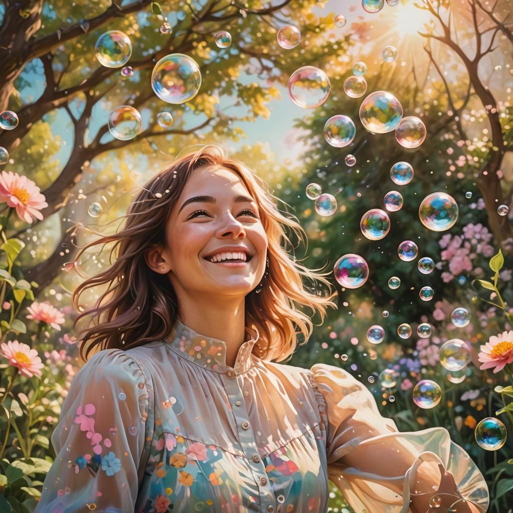 Smiling Woman in Garden of Bubbles, Splash Art