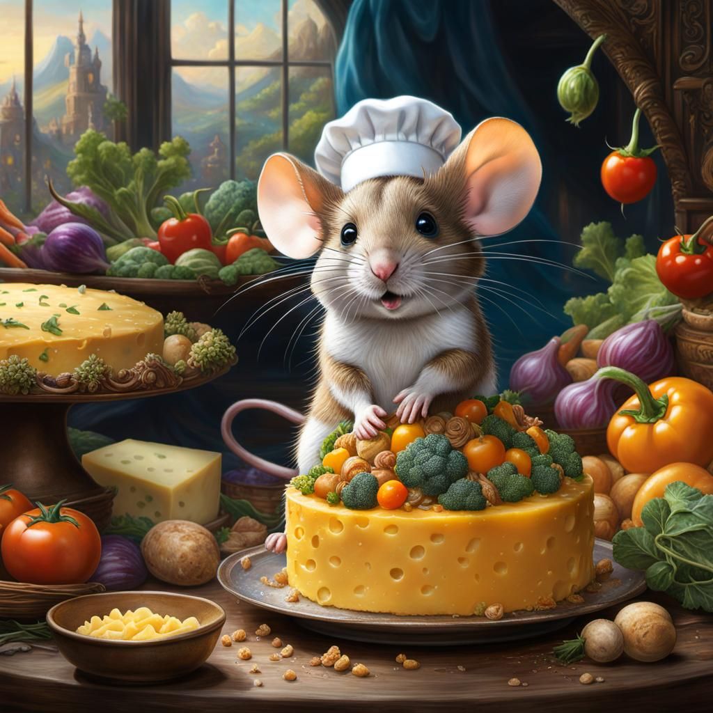 Adorable Mouse Chef with Cheese Cake, Hyperrealistic Art