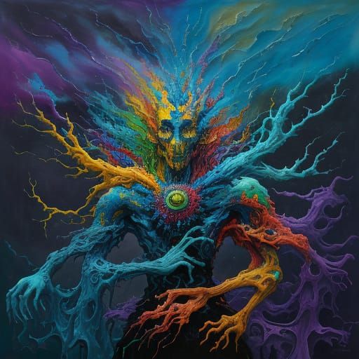 Surreal Figure Jumps With Dazed Expression in Psychedelic Oi...