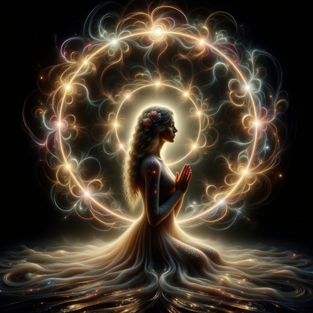 Ethereal Woman Praying on Water, Golden Light Mandala