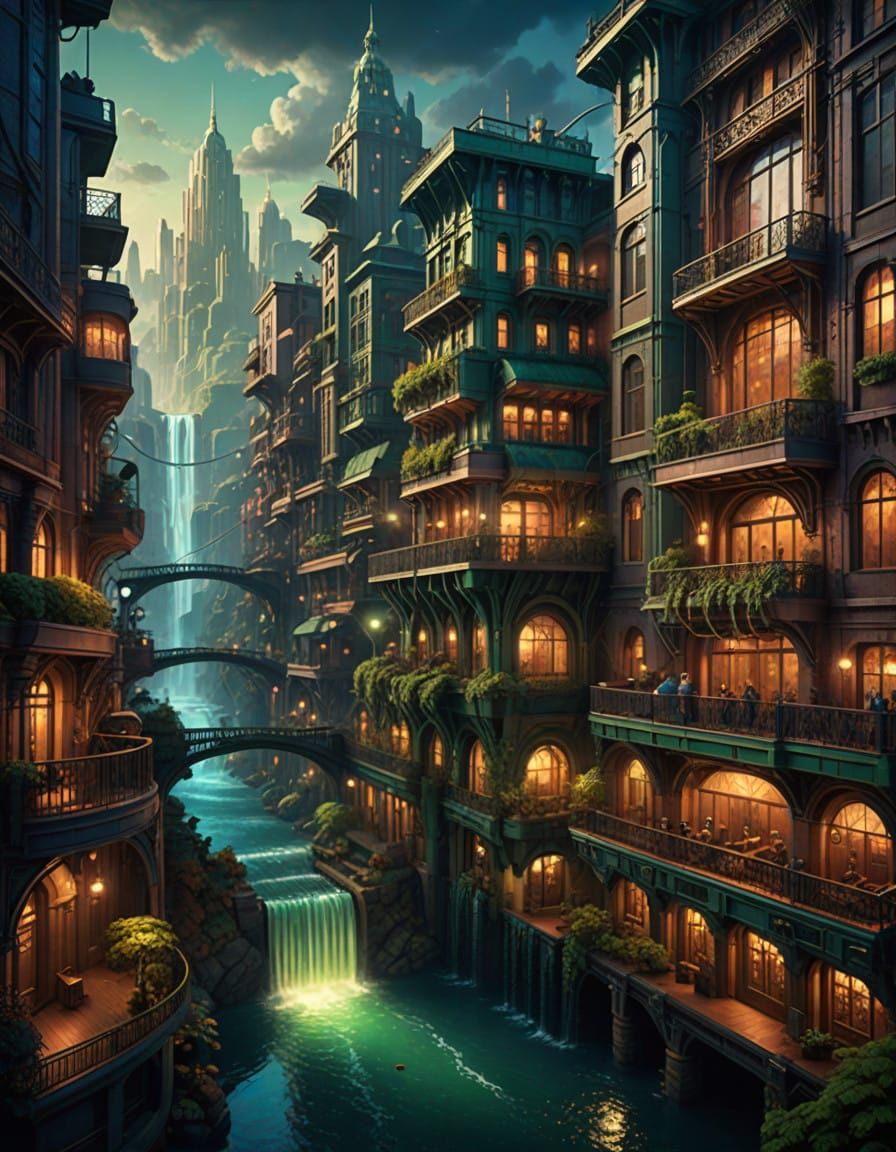 Steampunk Cityscape at Sunset