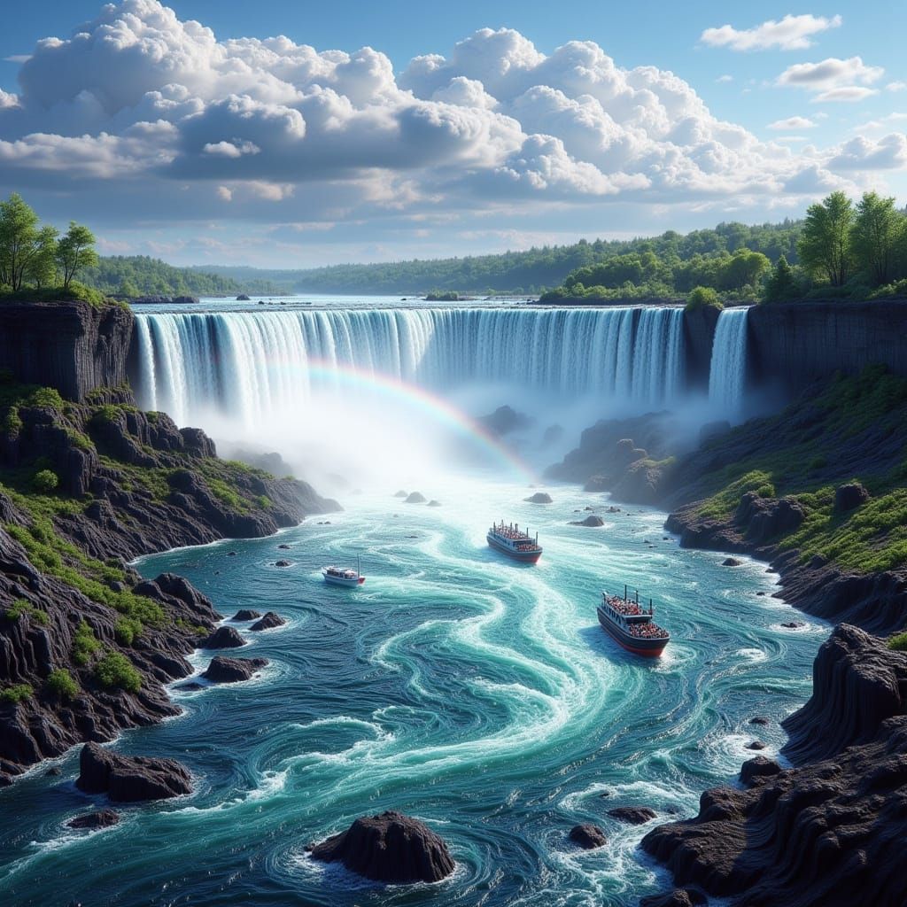 Majestic Niagara Falls Landscape Painting with Tourist Boats