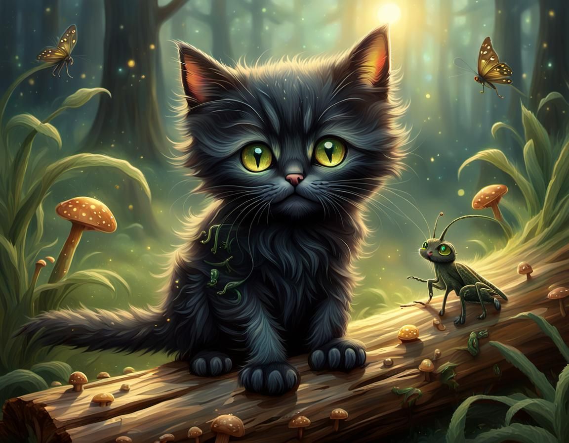Kitten and Grasshopper in Ethereal Fantasy Setting