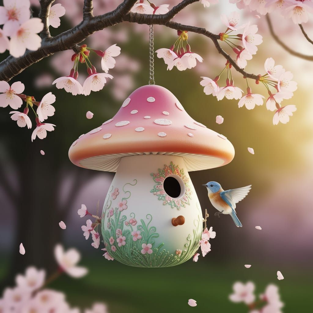 Whimsical Mushroom Birdhouse in Cherry Blossom Tree