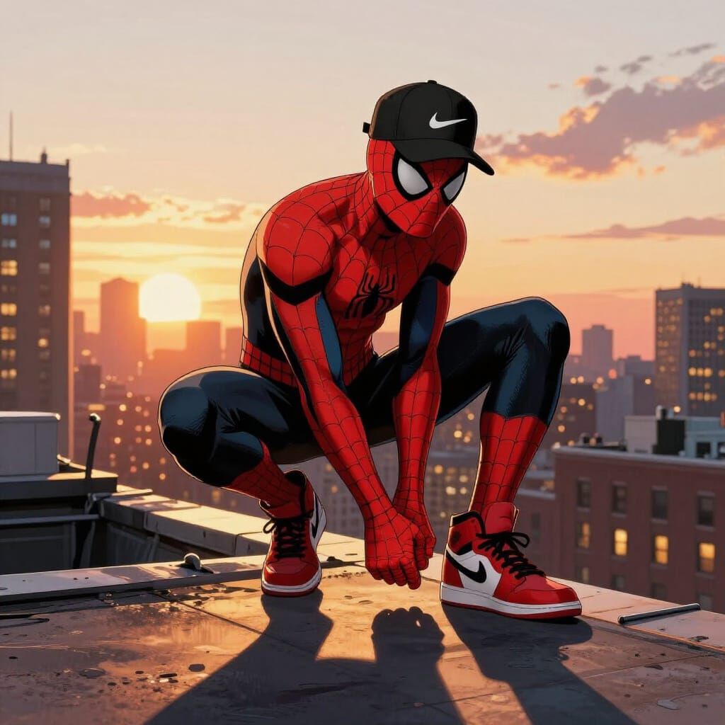 Spider-Man on NYC Rooftop at Sunset in Jordans