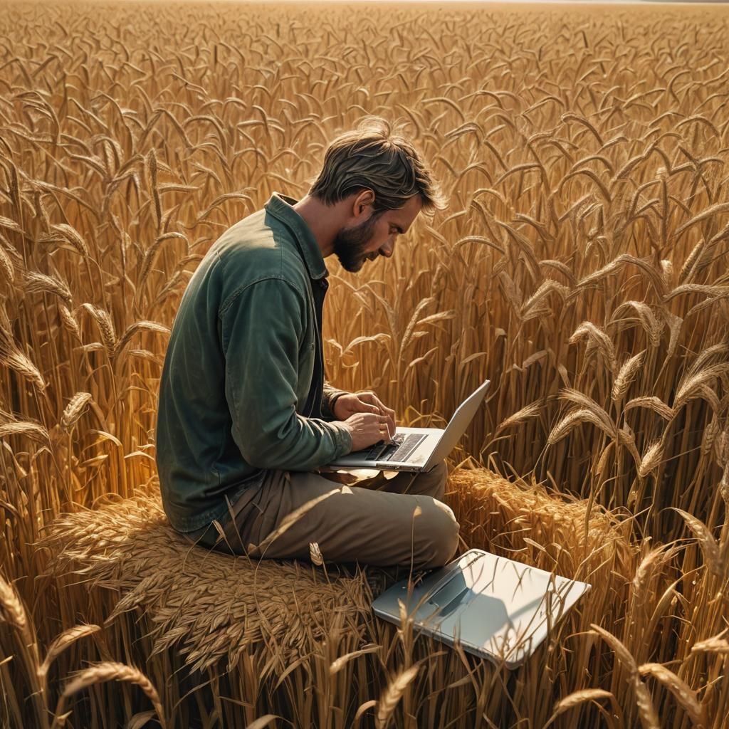 Man Typing in Wheat Field: Fantasy Concept Art