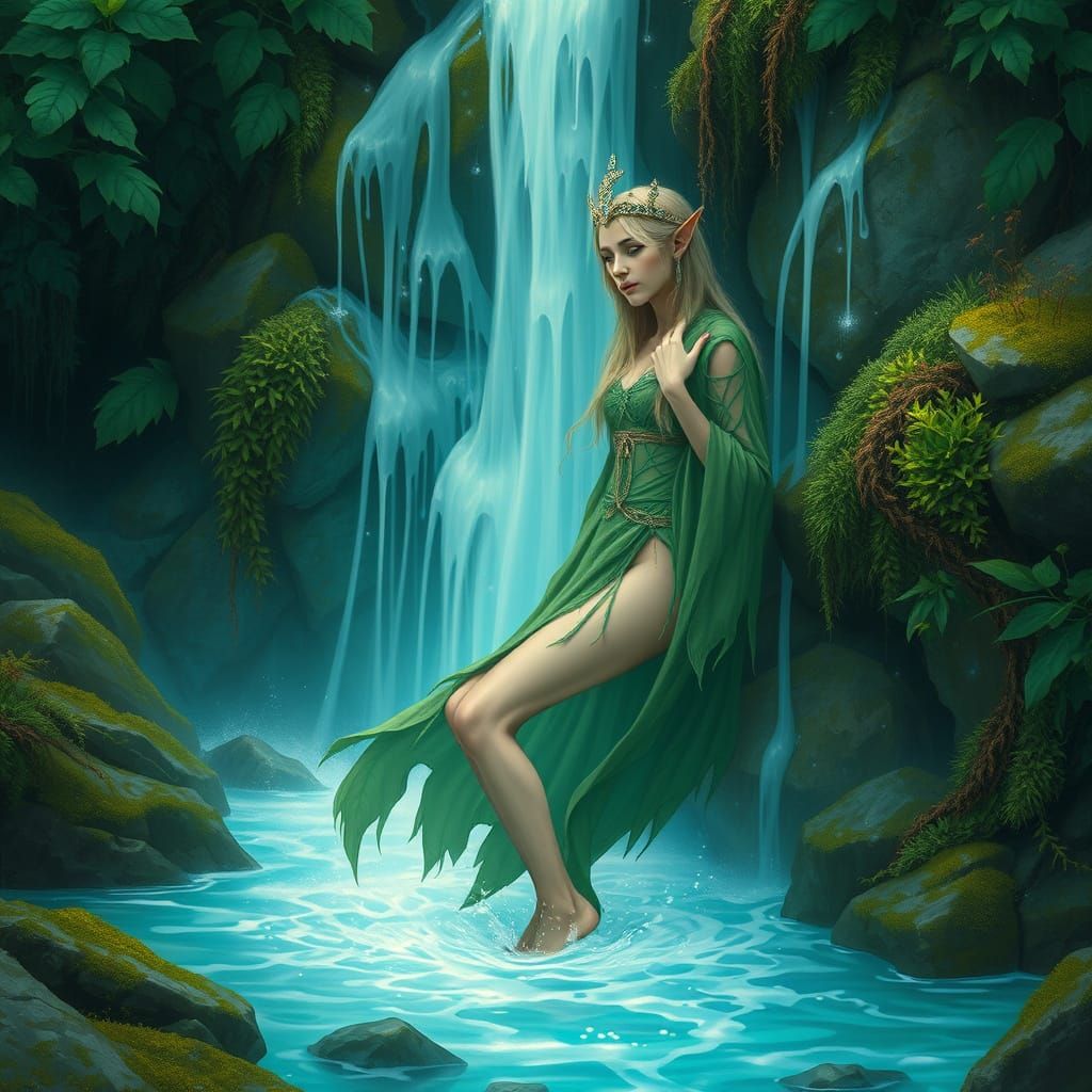 Ethereal Elf Druid in Moonlit Waterfall Scene