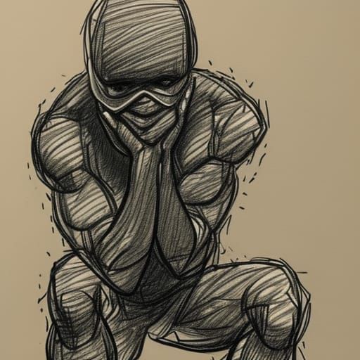 Minimalist One-Line Sketch of Squiggle Man Kneeling