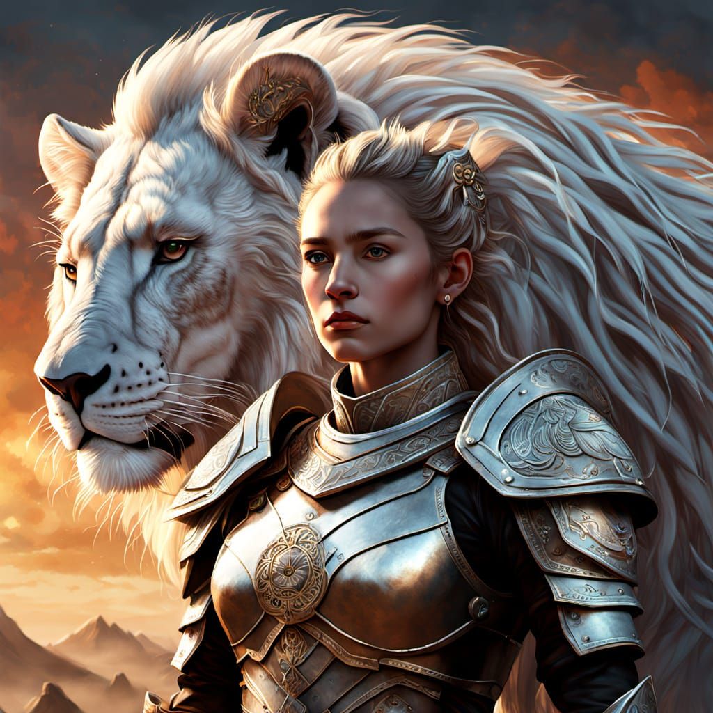 Female Traveler with Lion in Rich Oil Textures