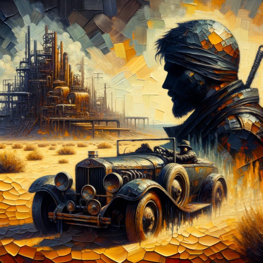 Post-Apocalyptic Wanderer: Oil Painting of Wasteland Car
