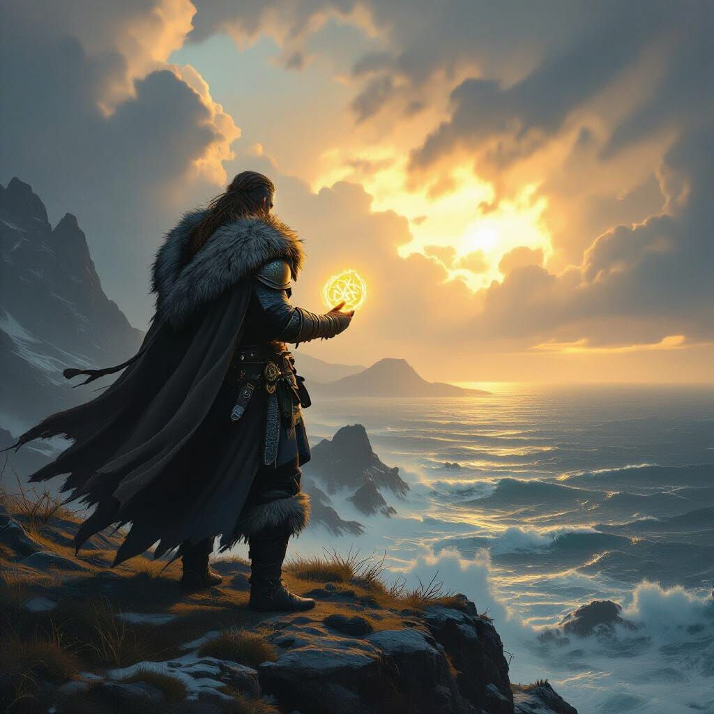 Viking Warrior with Rune on Windswept Cliff