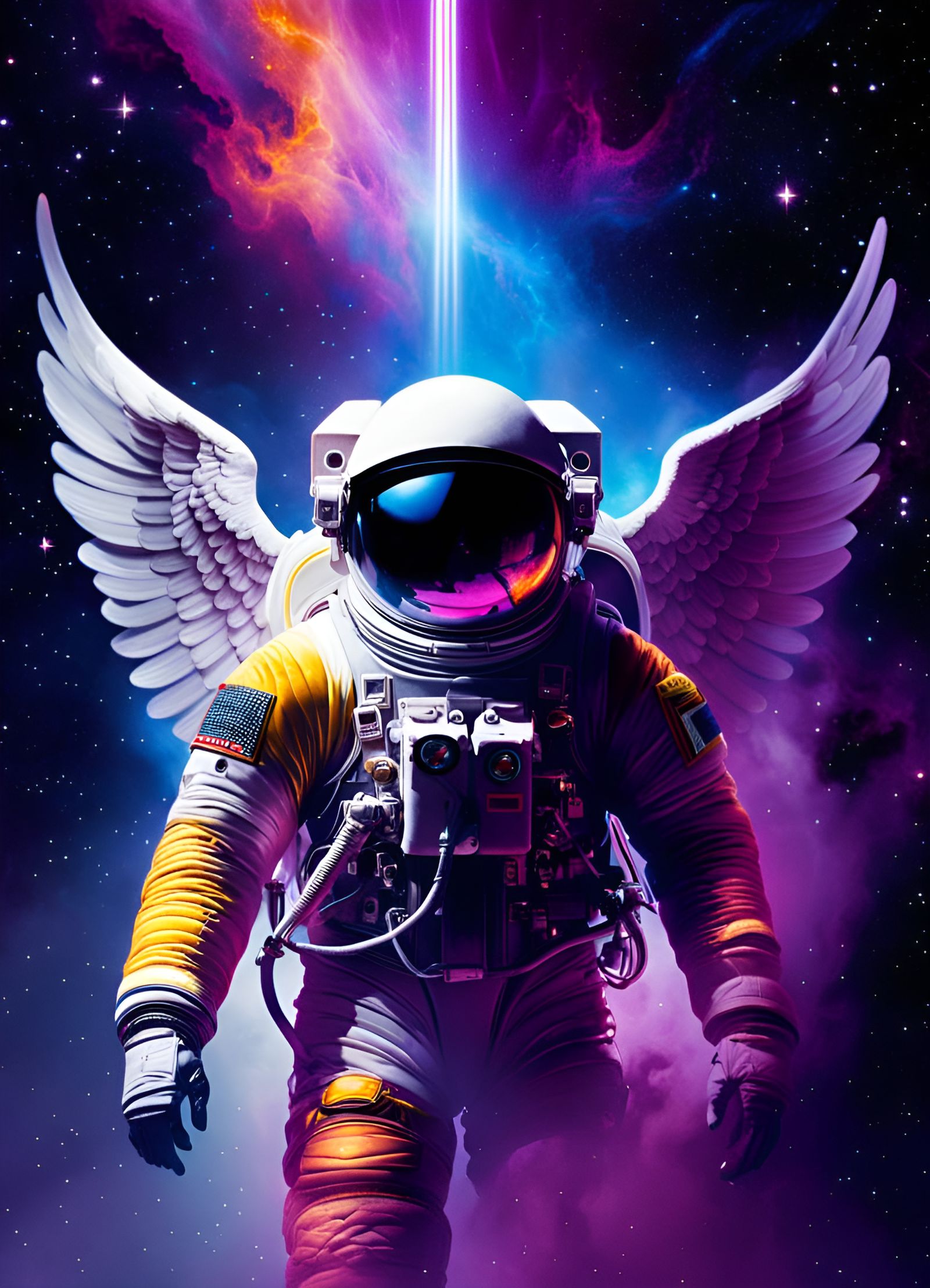 Winged Astronaut in Nebula, Photorealistic Illustration