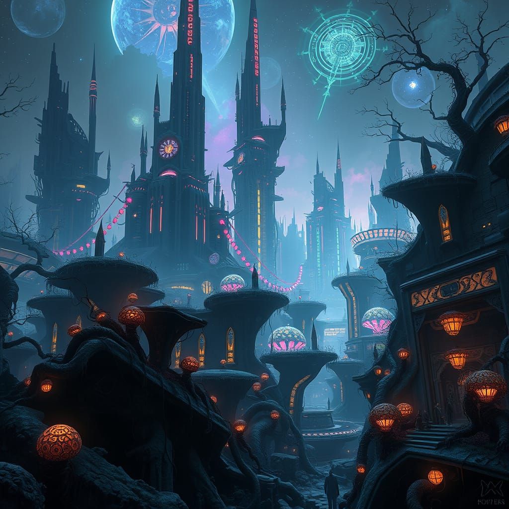 Ruined Futuristic City Overgrown with Bioluminescent Flora