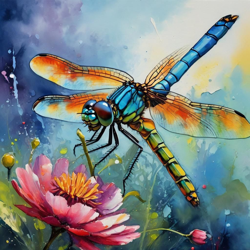 Dragonfly on Flower as Gouache Impasto Painting