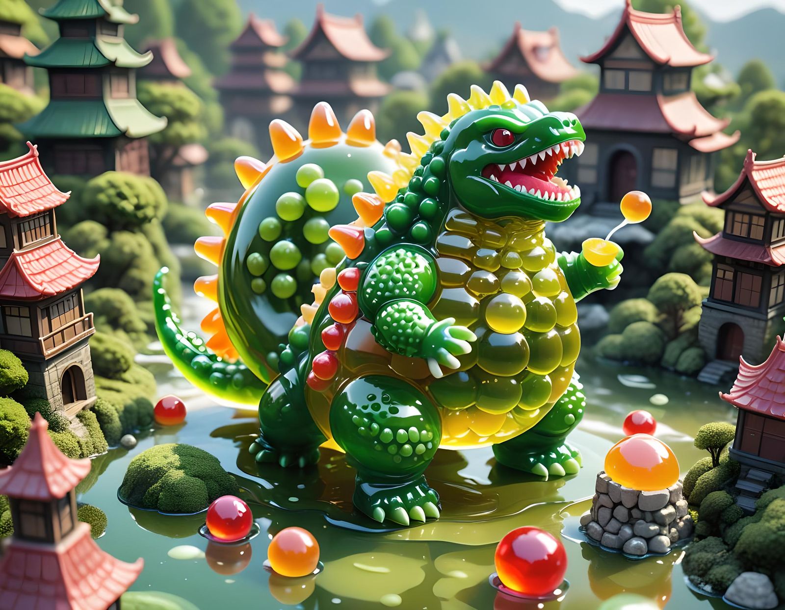 Green Tea Boba Godzilla Destroys Candy Village
