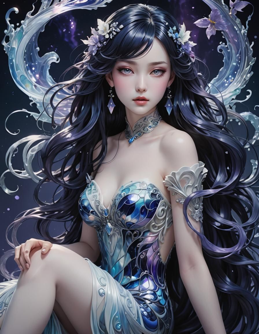 Anime Woman with Flowing Raven Hair