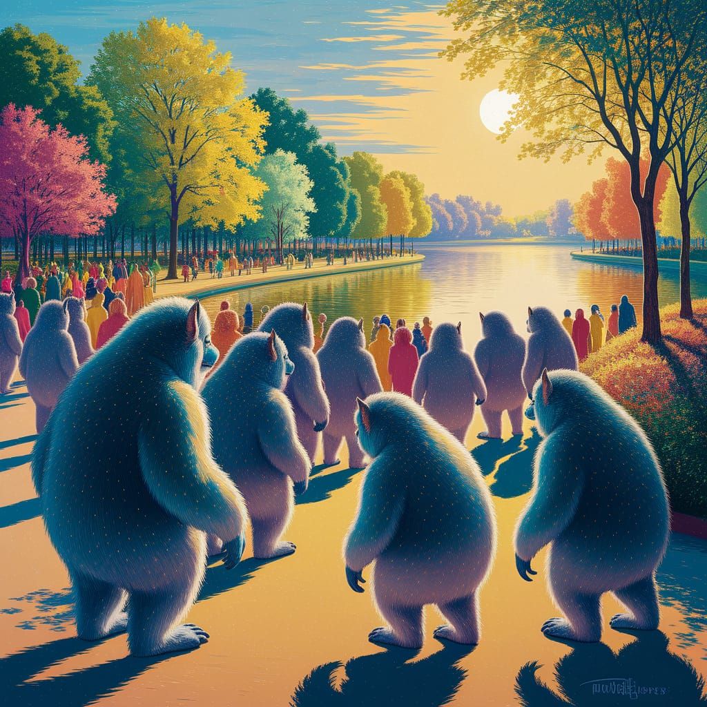 Yetis in a Park: A Pointillist Scene