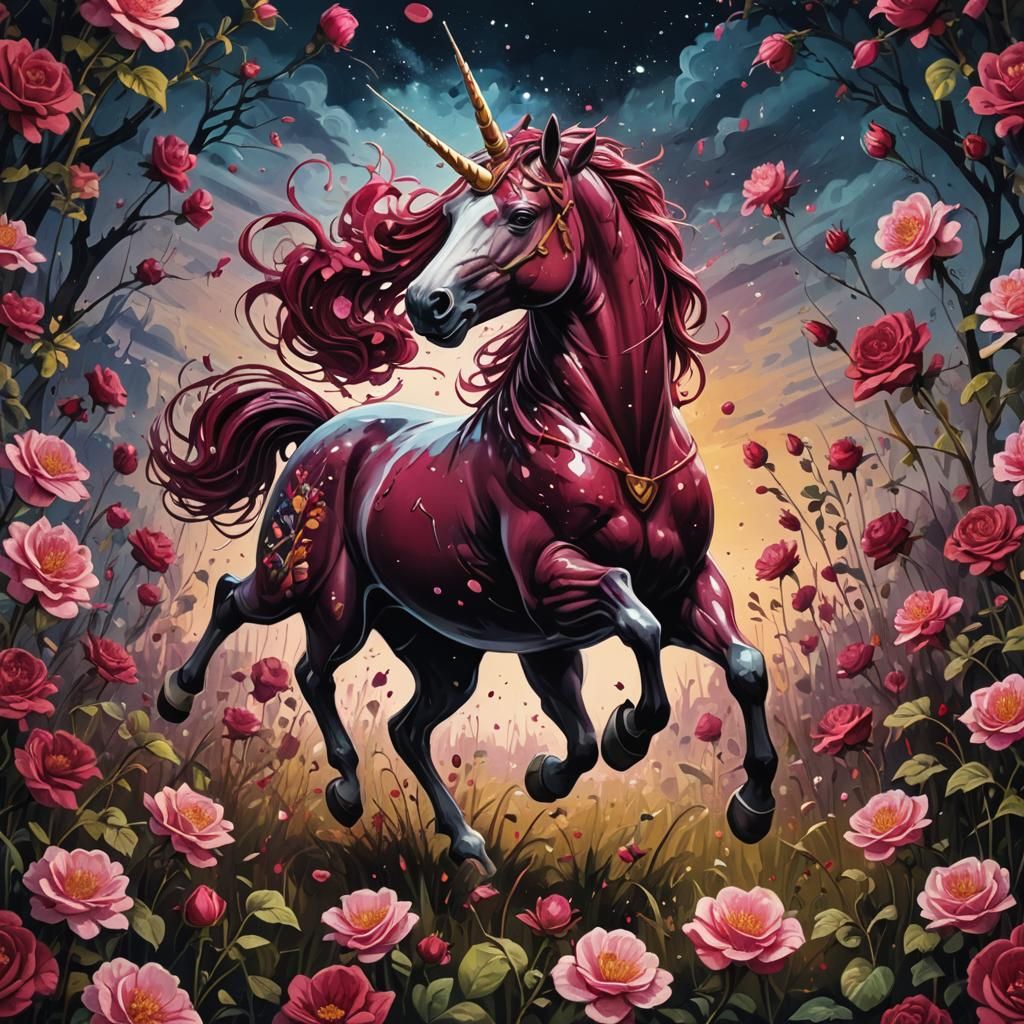 Burgundy Unicorn Galloping Through Wild Roses, Graffiti Art