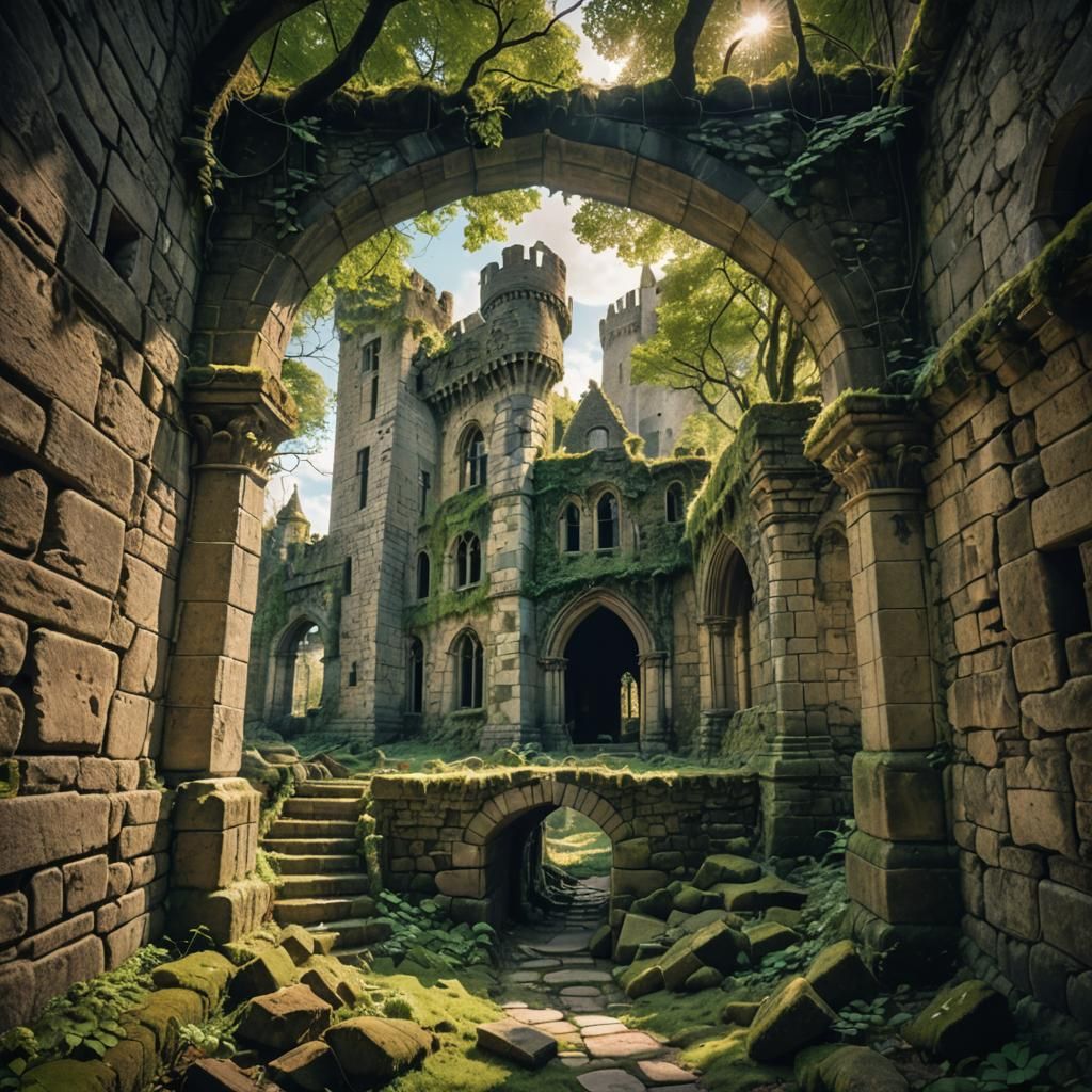 Ruined Gothic Castle with Moss and Vines