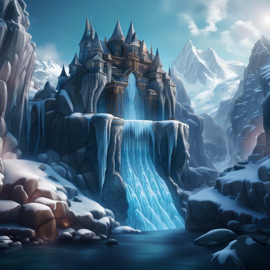 Castle on Frozen Waterfall: Detailed Matte Painting