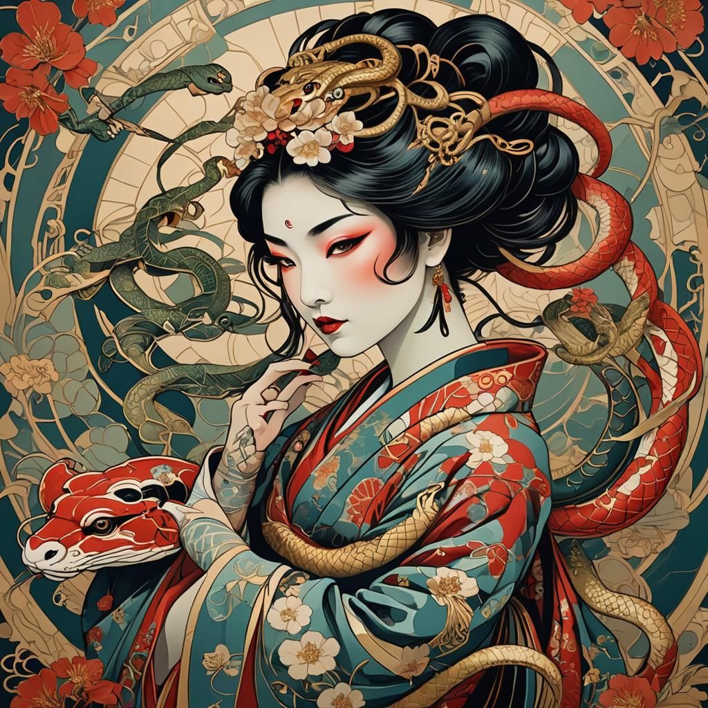 Geisha with Snake in Art Nouveau Style