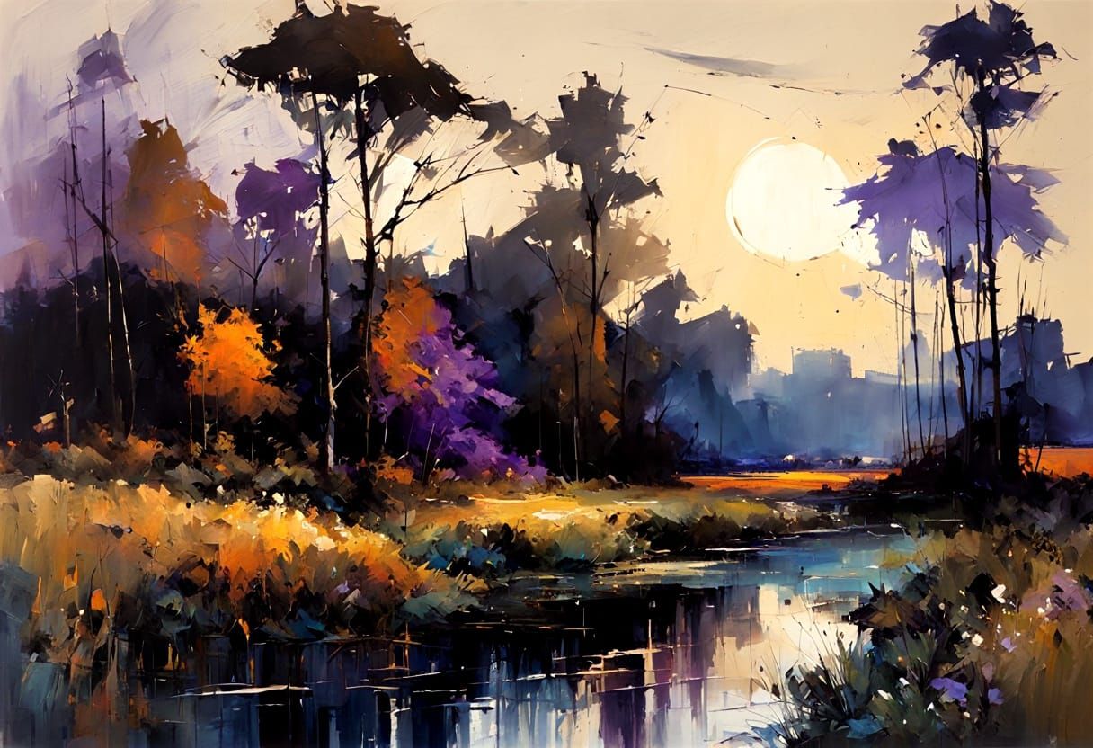 Abstract Night Landscape in Blue and Violet