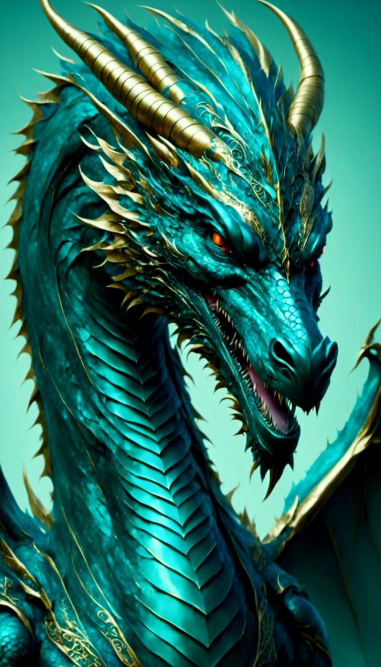 Teal Dragon Portrait in Hyperdetailed Oil Painting Style