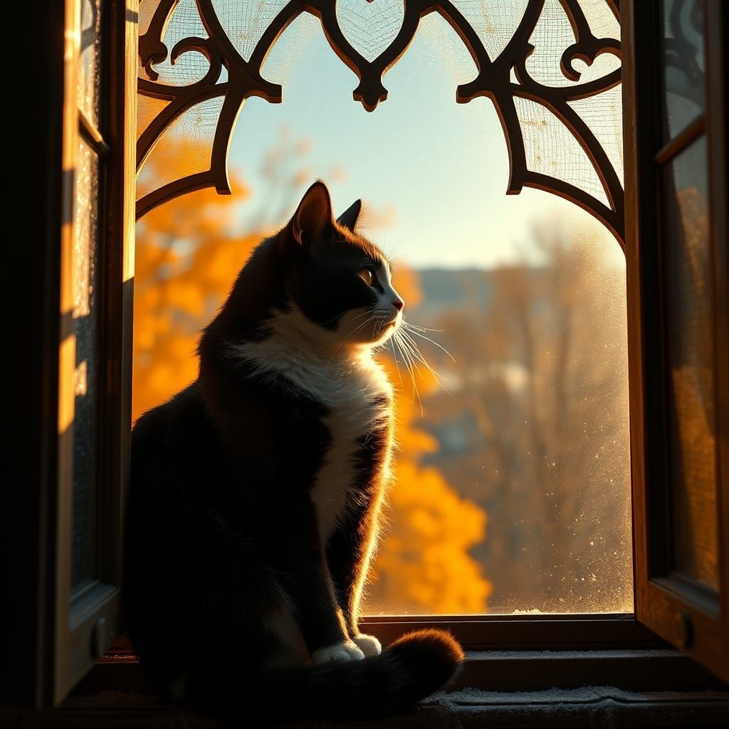 Majestic Cat Gazing at Autumn Landscape