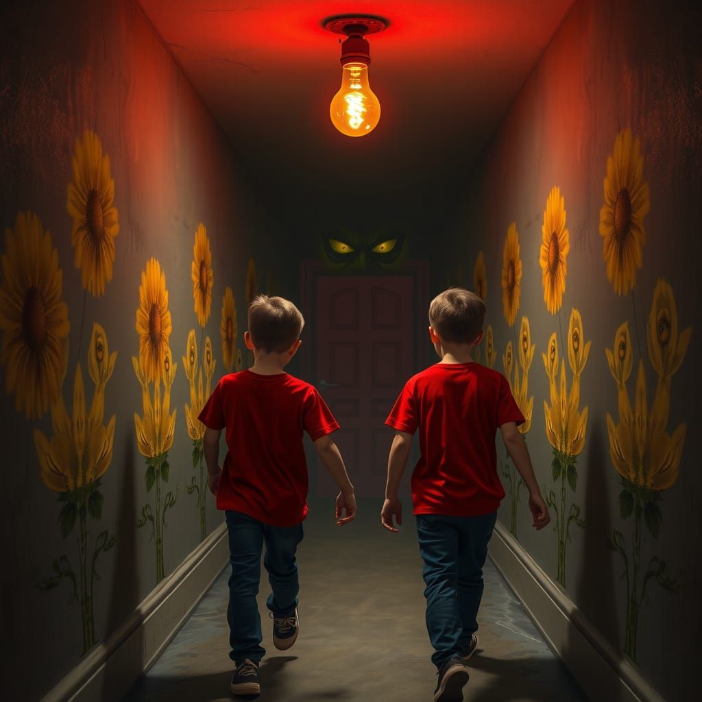 Haunted Corridor with Monstrous Flowers and Eerie Glow