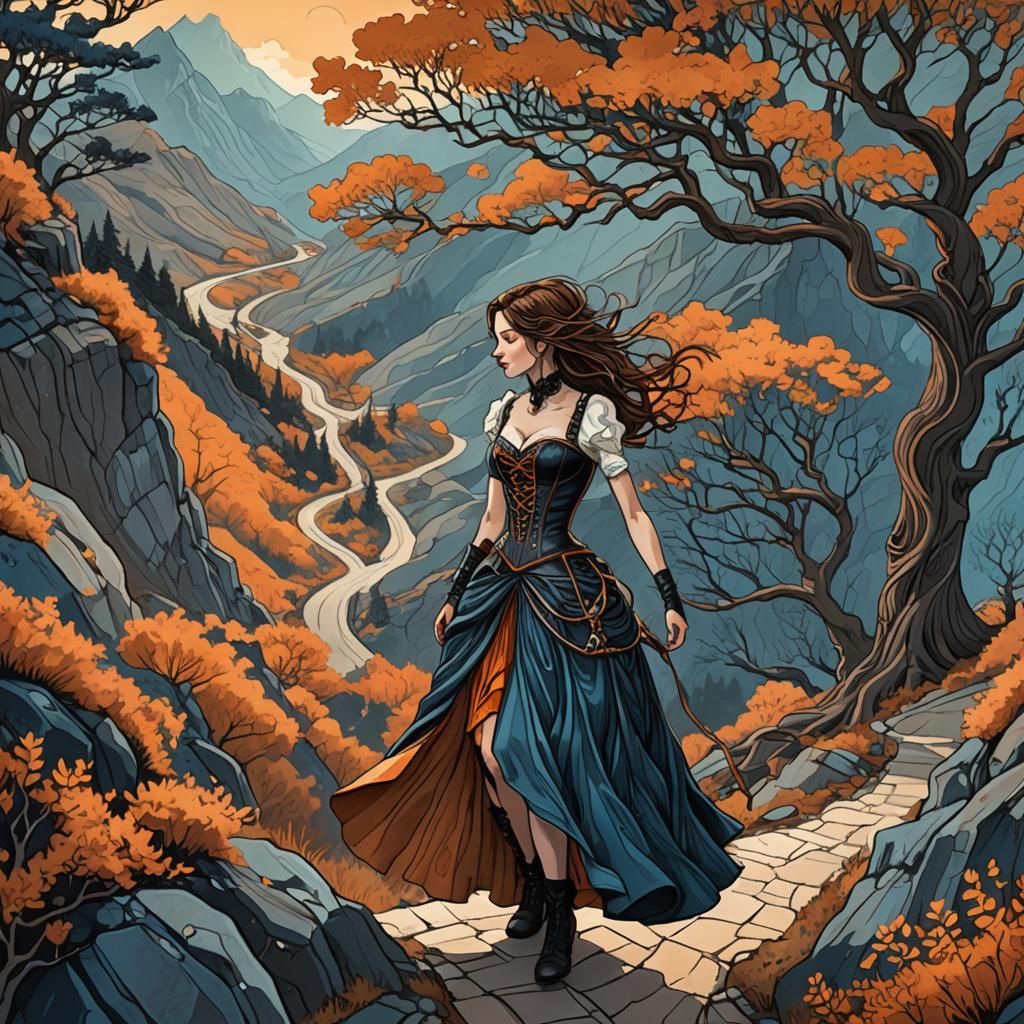 Girl Climbing Mountain Path in Dark Whimsy Style