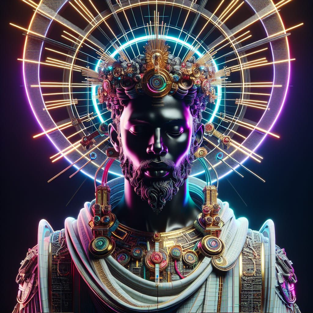 Cyberpunk Statue: Jesus as Zeus in 3D Anime