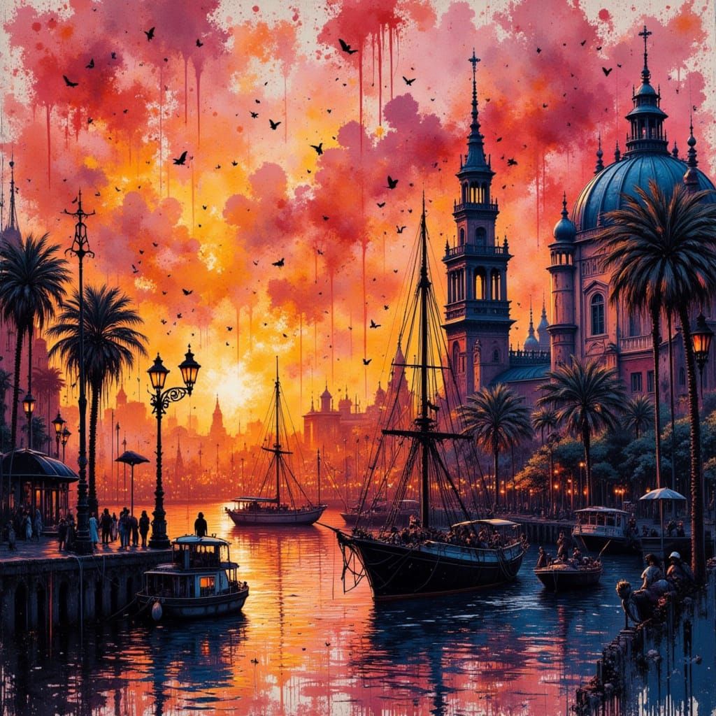 Sevillan Harbour at Dawn in Stylized Watercolor and Oil