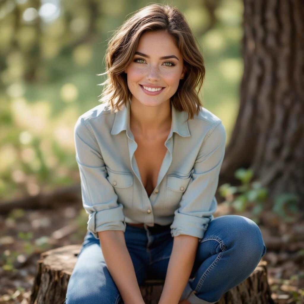 Young Woman with Freckles and Green Eyes in Natural Light