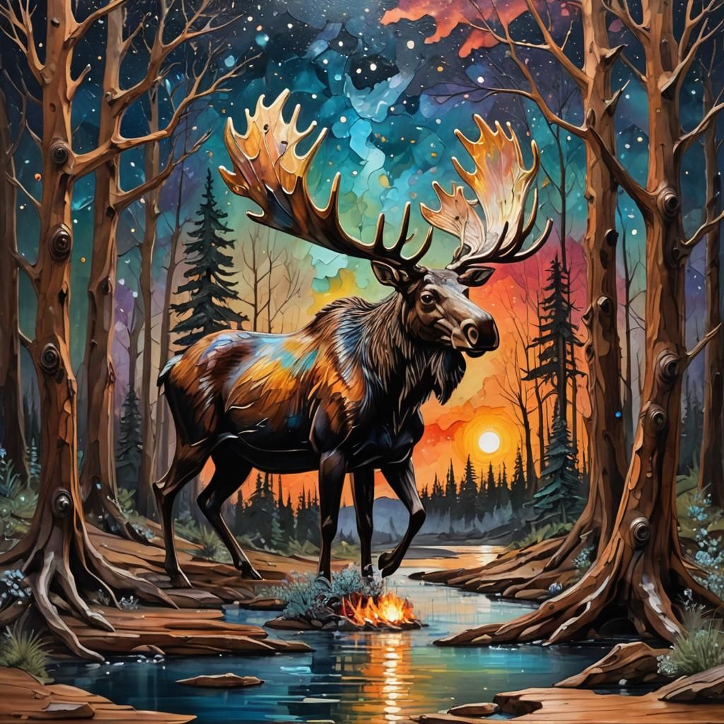 Mystical Moose in Woodland Landscape as Impasto Painting