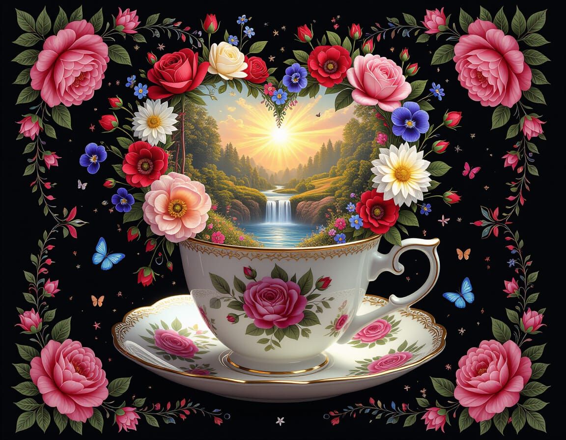 Floral Coffee Cup with Fantasy Landscape