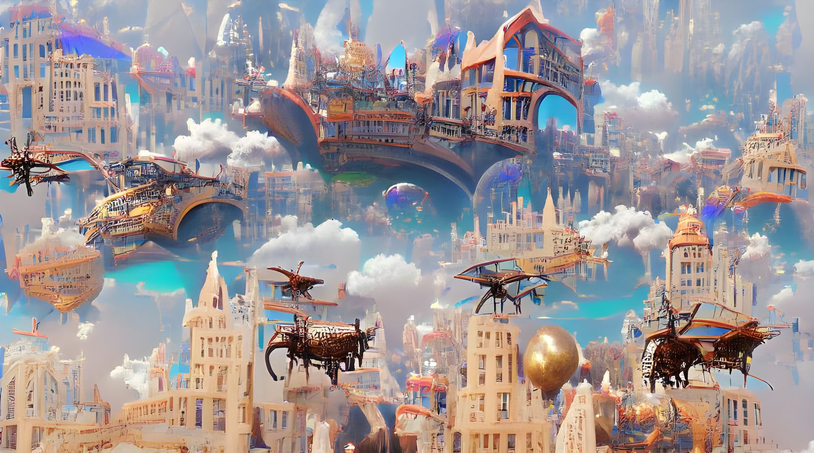 Steampunk Fantasy City with Flying Vehicles