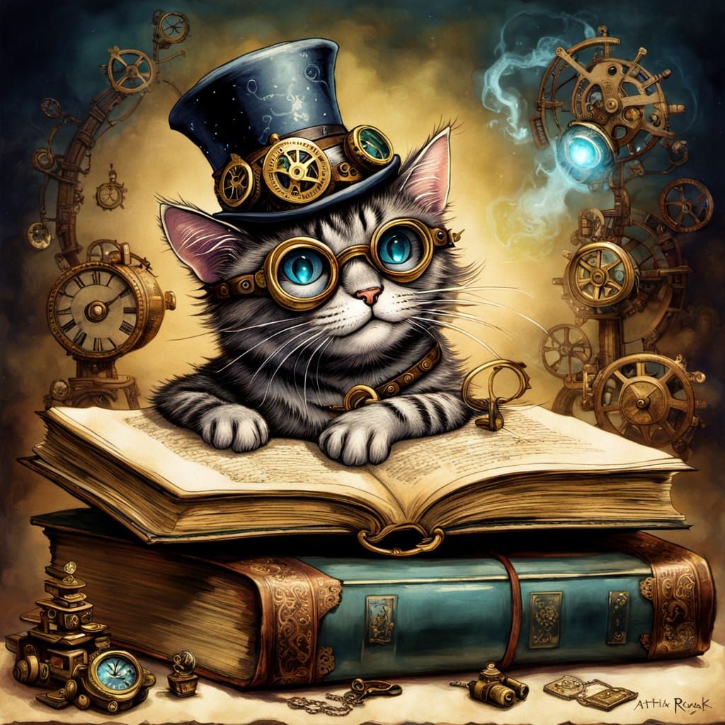 Whimsical Steampunk Cat on Antique Books