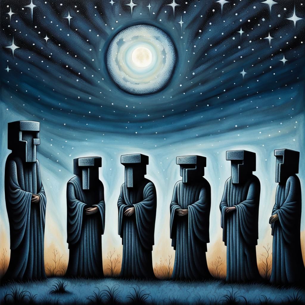 Robed Figures at Stonehenge in Atmospheric Moonlight