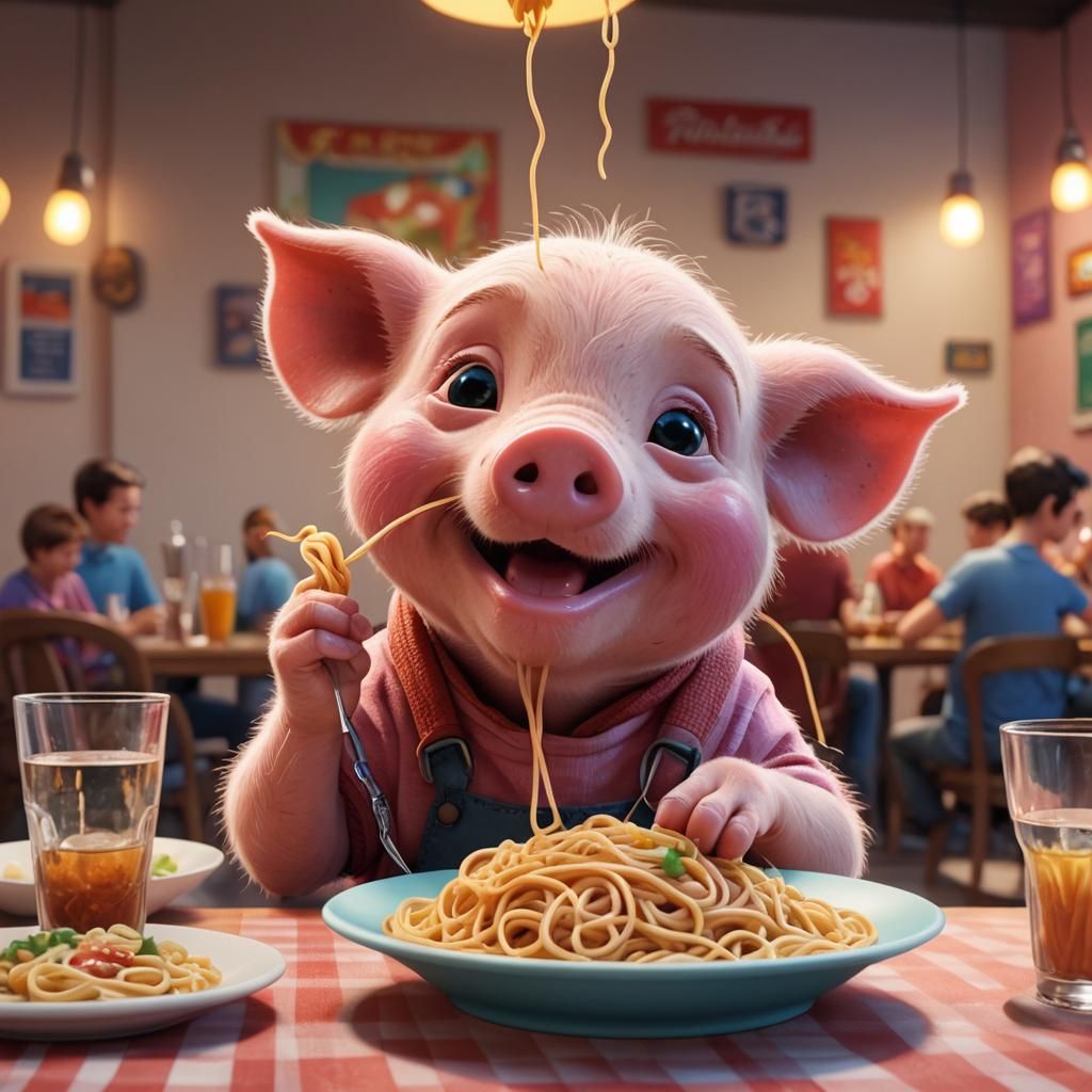 Cute Piglet Slurping Spaghetti: 3D Digital Art