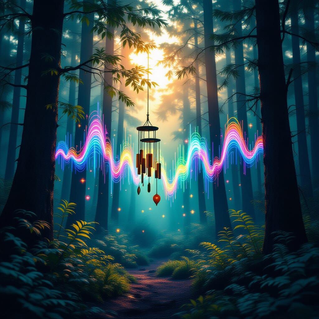 Glowing Forest with Wind Chime Leaves and Light Streams