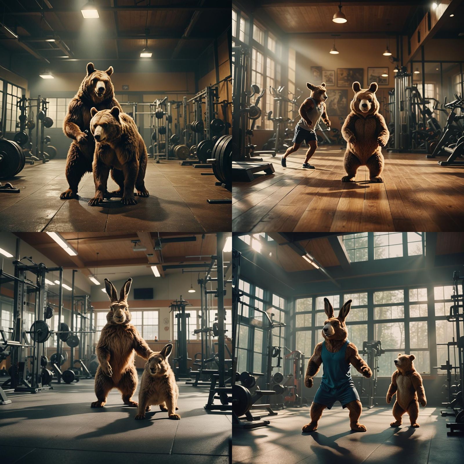 Hare and Bear Gym Workout: Cinematic Film Still