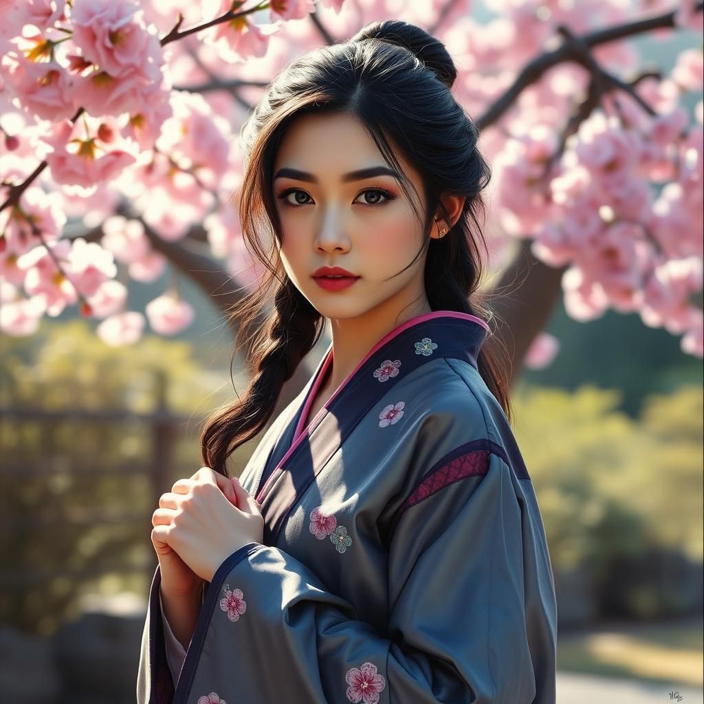 Japanese Woman in Cherry Garden, Oil Painting Style