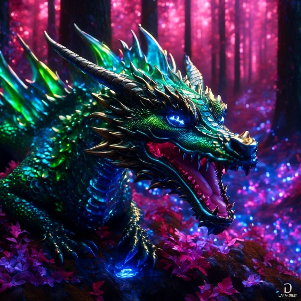 Crystal Dragon on Neon Log in Enchanted Forest