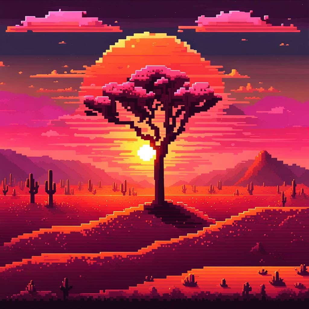 Pixel Art: Lone Tree in Desert Sunset