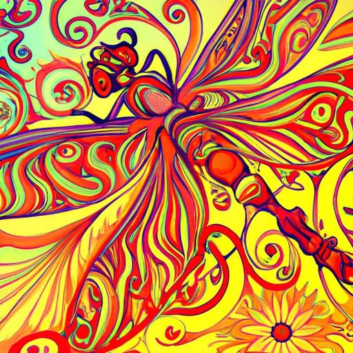 Ornate Dragonfly Ink Illustration with Vivid Colors