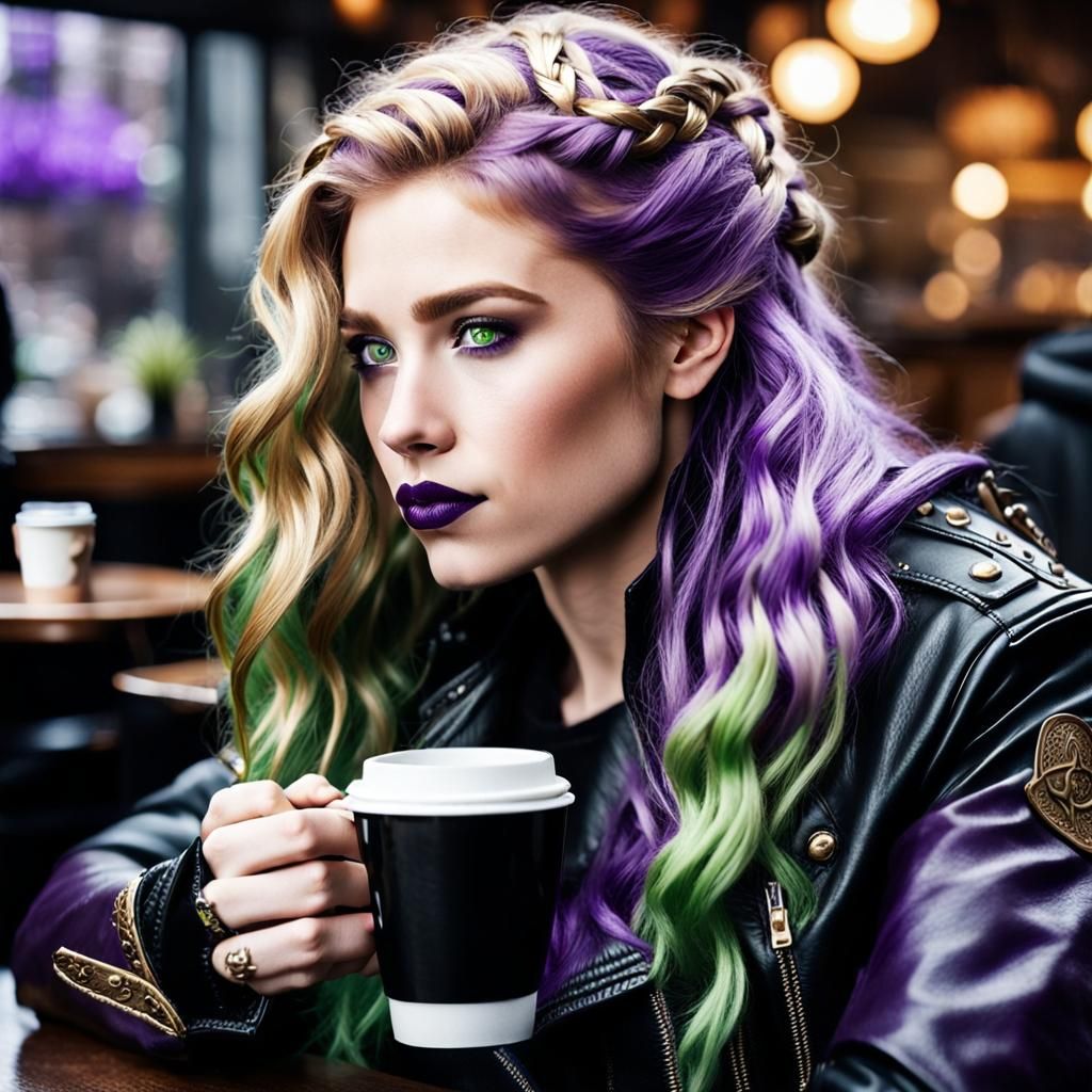 Valkyrie with Viking Features Drinking Coffee